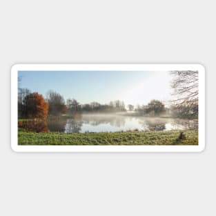 Lake, autumn mood, ground fog, hoarfrost, trees, landscape, Fischerhude, Lower Saxony, Germany Sticker